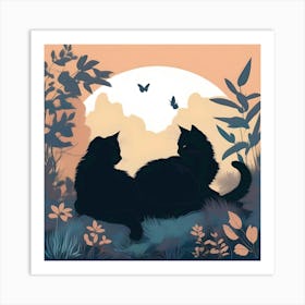 Silhouettes Of Cats In The Garden At Sunset, Black, Turquoise, Grey And Melon Art Print