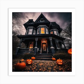 Halloween House With Pumpkins 1 Art Print