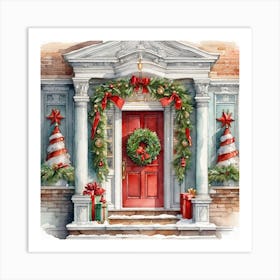 Christmas Decoration On Home Door Watercolor Trending On Artstation Sharp Focus Studio Photo In Art Print