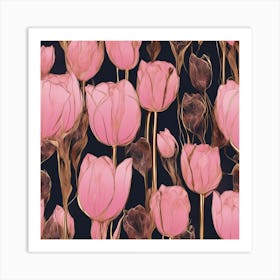 Seamless Pattern Of Elegant Tulip Floral Motifs In Pink, Adorned With Gold Lines Art Print