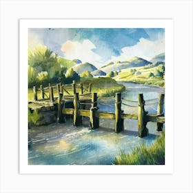 Watercolour Of A Wooden Bridge Art Print