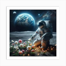 Astronaut On The Moon With Flowers Art Print