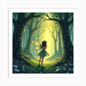 Beautiful Fairy In A Glowing Forest, Watercolor 1 Art Print