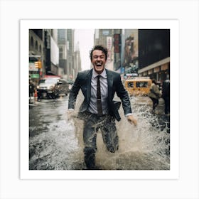 Businessman Running Through Puddle Art Print