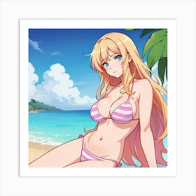 Anime Girl In Pink Bikini Sitting On Beach Art Print