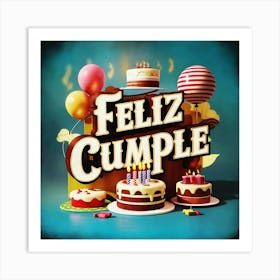 Feliz cumple and Feliz cumpleaños sign means Happy Birthday in Spanish language, Birthday party celebration gift with birthday cake candle colorful balloons best congratulation over light background wall artFeliz Cumple 47 Art Print