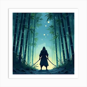 Ninja Warrior Poised In A Bamboo Forest Under The Stars, Watercolor 1 Art Print