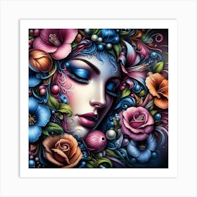 Portrait Of A Woman With Flowers 13 Art Print