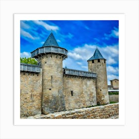 Medieval Castle Wall in Carcassonne Cite Medieval. The image showcases a section of a medieval castle wall, featuring two imposing stone towers with conical roofs. The towers are connected by a thick stone wall, topped with a wooden walkway. The wall is constructed from rough-hewn stones, giving it a rugged and ancient appearance. The towers have narrow windows and are topped with wooden structures, suggesting they were once used for defense. Art Print