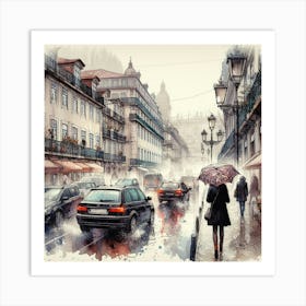 Lisbon Street Watercolor Painting Art Print