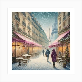 Paris cafes, winter season, Christmas, pale colors, pedestrians in the street, winter clothes, falling snow.3 2 Art Print