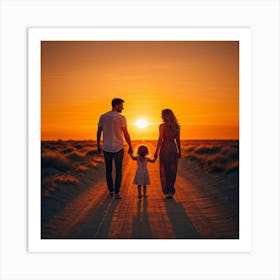 A Family Immersed In A Content Moment Walking Hand In Hand Against A Background Of A Sunset Graduall (1) Art Print