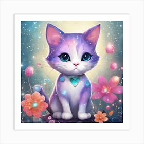 Purple Cat With Flowers Art Print