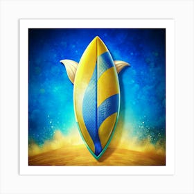 Yellow And Blue Surfboard On Sandy Beach Art Print