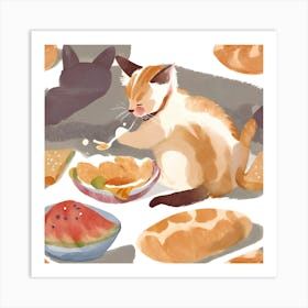 Cat Eating Bread And Watermelon Art Print