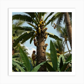 Monkeys On A Banana Tree Art Print