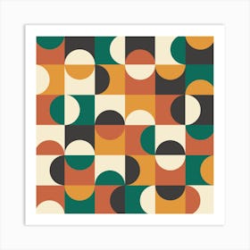 Mid Century Geometric Circles on Squares in Orange, Green, Black and White Art Print