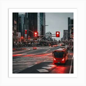 Red Bus On A City Street Art Print