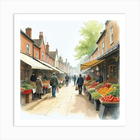 A Bustling English Market Scene With Vendors Selling Fresh Produce, Watercolor Art Print