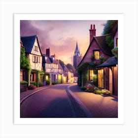 Village Street At Dusk Art Print