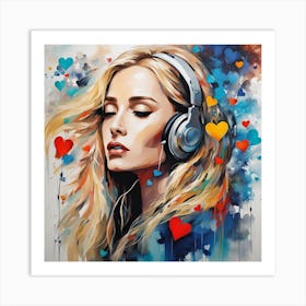 Girl With Headphones Art Print