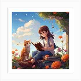 Girl Reading A Book With Cat Art Print