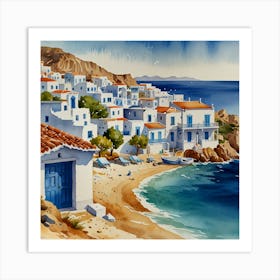 Aegean Village.Summer on a Greek island. Sea. Sand beach. White houses. Blue roofs. The beauty of the place. Watercolor. 4 Art Print