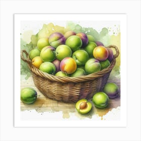 Watercolor's Basket Full Of Plums 2 Art Print