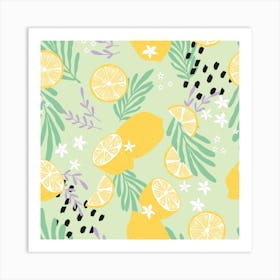 Lemon And Lemon Slices Pattern With Colorful Decoration Square Art Print