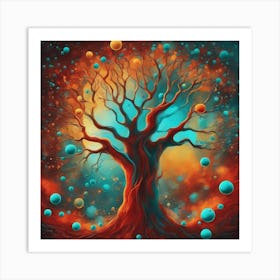 A Colorful Painting With A Red Tree, In The Style Of Luminous Spheres, Dark Yellow And Turquoise, Wa Art Print