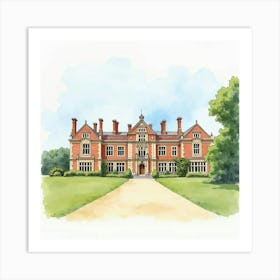 Watercolor Of The Houghton Hall In Norfolk, Highlighting Its Grand Architecture And Scenic Backdrop Art Print