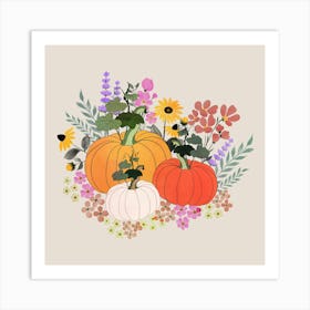 Pumpkins And Flowers Art Print