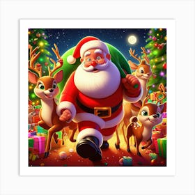 Santa Claus And 2 Reindeer Illustration Art Print