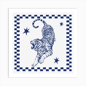 Tiger | Retro Tiger with Checkerboard Border 1 Art Print