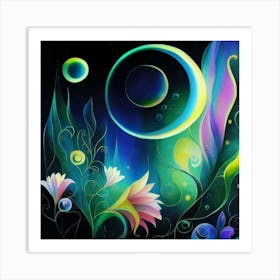 Abstract oil painting: Water flowers in a night garden 8 Art Print