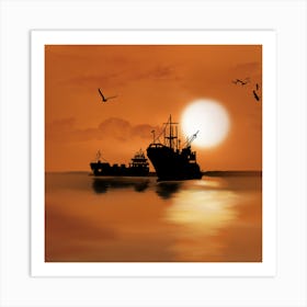 Silhouette Of Ships At Sunset Art Print