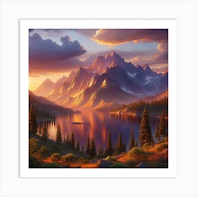 A Photorealistic Image Of A Serene Mountain Range At Sunset, Capturing The Scene In Realistic Colors And Details, Similar To A High Quality Art Print