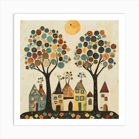 Folk Art Style Mosaic Trees 8 Art Print