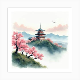 Watercolor Pagoda On A Hill, Surrounded By Cherry Blossoms And Misty Clouds 1 Art Print