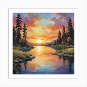 Sunset By The Lake Art Print 3 Art Print