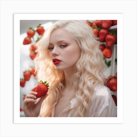 Albino woman eating strawberry, white and red Art Print