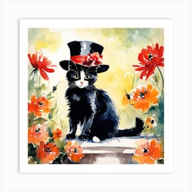 Floral Cat With Hat Painting (5) Art Print
