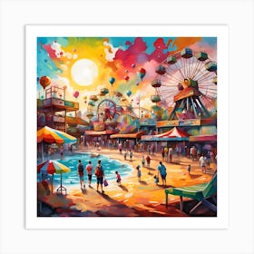 Amusement Park Delights With Beachgoers Along The Sea Art Print