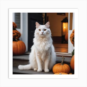 White Cat In Front Of Pumpkins Art Print