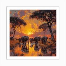 Sunset Elephants Art Print