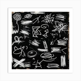 Abstract White Chalk And Black Wax Crayon Design Childrens Art Inspired Featuring Rough Strokes (3) Art Print