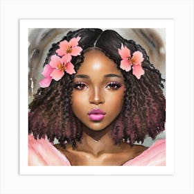 Watercolor Of A Black Girl With Flowers Art Print