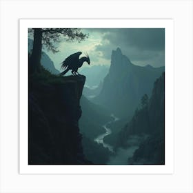 A Fierce Griffin Perched On A Cliff Overlooking A Dark, Enchanted Valley 1 Art Print