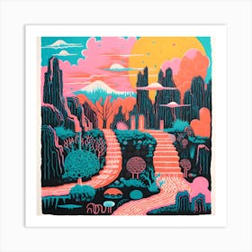 Vibrant Surreal Risograph Style Landscape, Alien Art Print