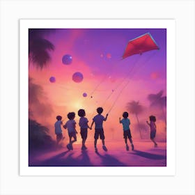 Pink skies, kids watching kites Art Print